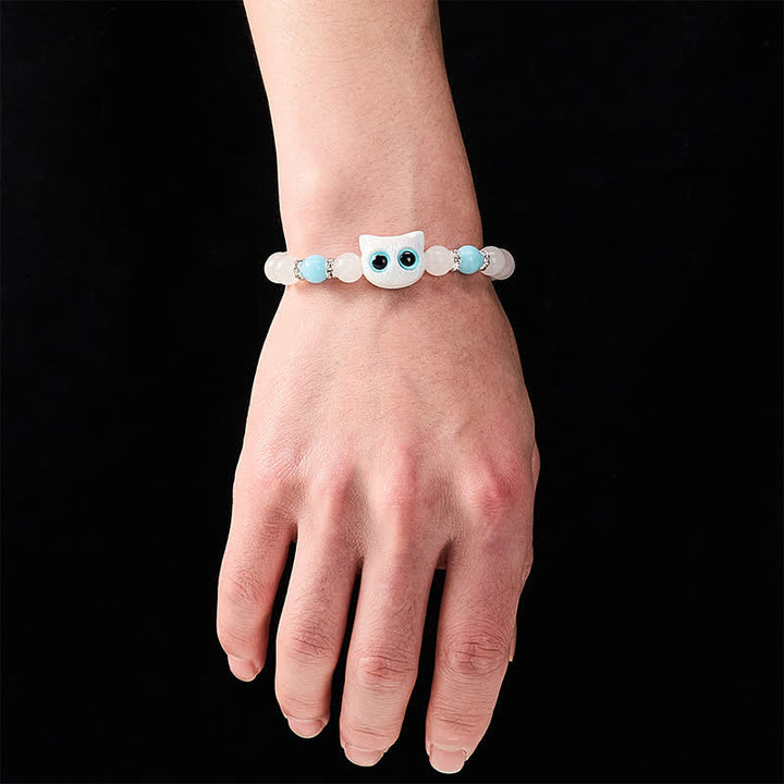 Buddha Stones White Jade Black Obsidian Cute Cat Head Purity Beaded Bracelet - image 4