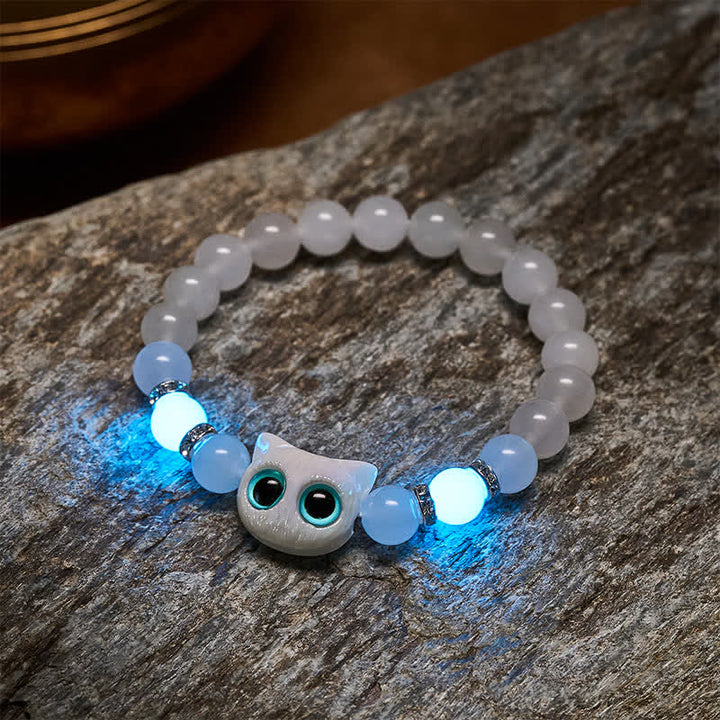 Buddha Stones White Jade Black Obsidian Cute Cat Head Purity Beaded Bracelet - image 4