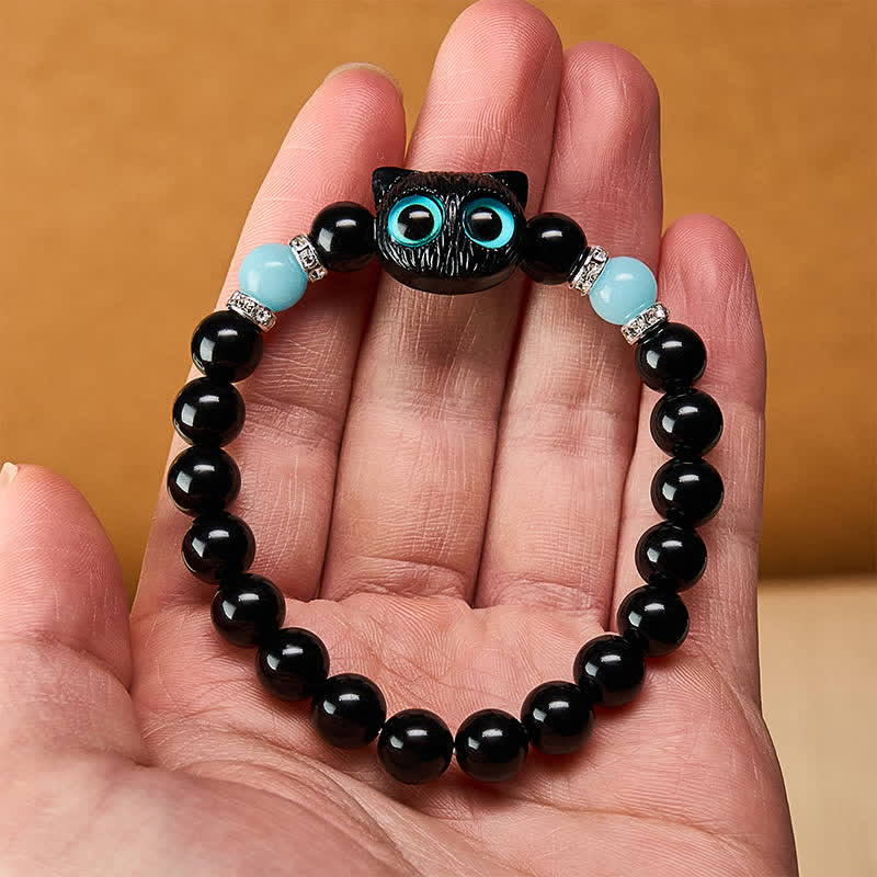Buddha Stones White Jade Black Obsidian Cute Cat Head Purity Beaded Bracelet - image 18