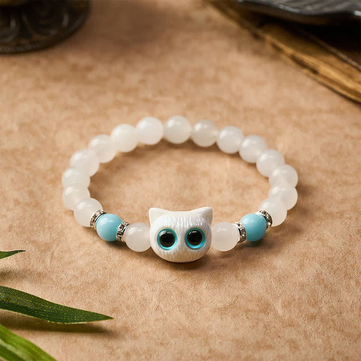 Buddha Stones White Jade Black Obsidian Cute Cat Head Purity Beaded Bracelet - image 8
