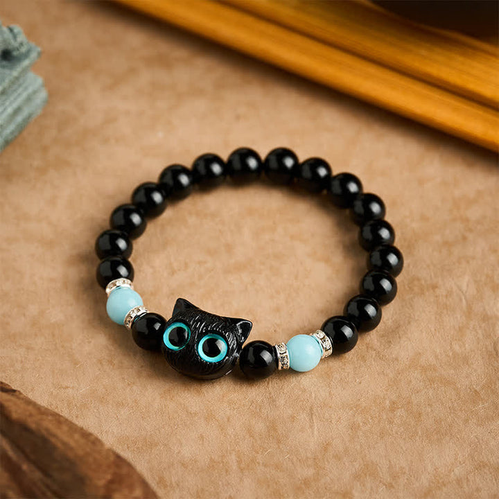 Buddha Stones White Jade Black Obsidian Cute Cat Head Purity Beaded Bracelet - image 14
