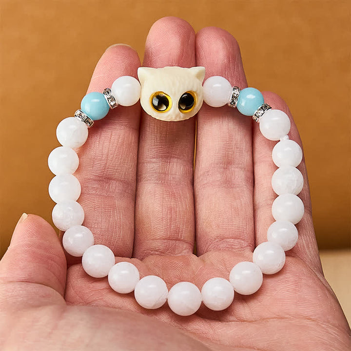 Buddha Stones Black Obsidian White Chalcedony Big-Eye Cat Head Purity Bead Bracelet - image 5