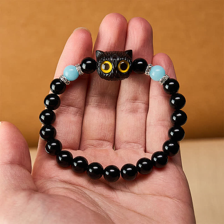 Buddha Stones Black Obsidian White Chalcedony Big-Eye Cat Head Purity Bead Bracelet - image 19