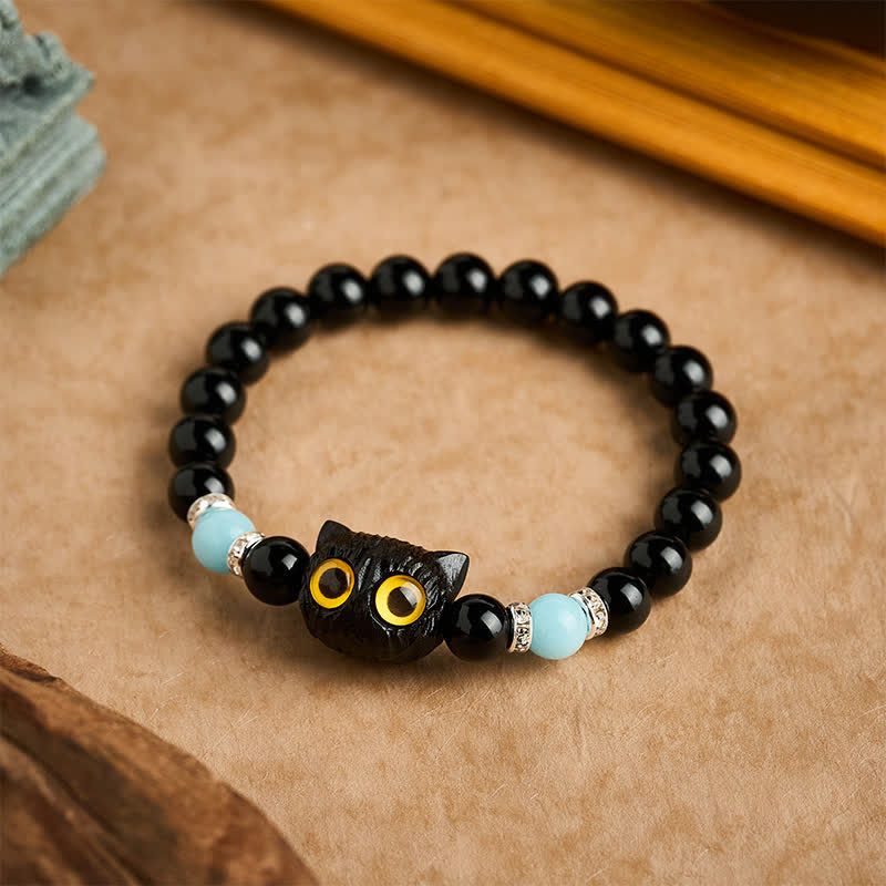 Buddha Stones Black Obsidian White Chalcedony Big-Eye Cat Head Purity Bead Bracelet - image 15