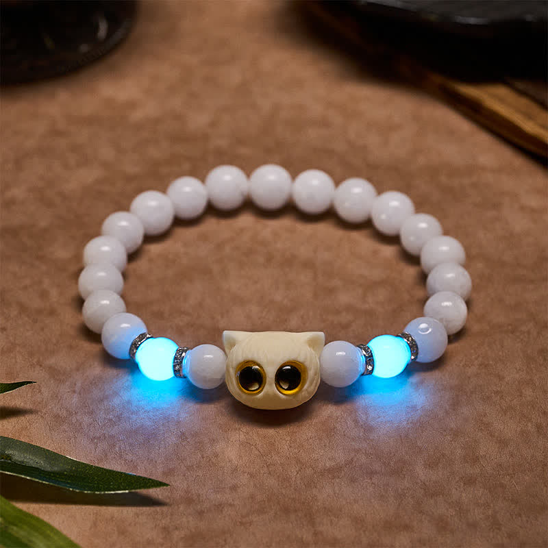 Buddha Stones Black Obsidian White Chalcedony Big-Eye Cat Head Purity Bead Bracelet - White Chalcedony (Wrist Circumference: 15–16 cm) - 8mm - image 0