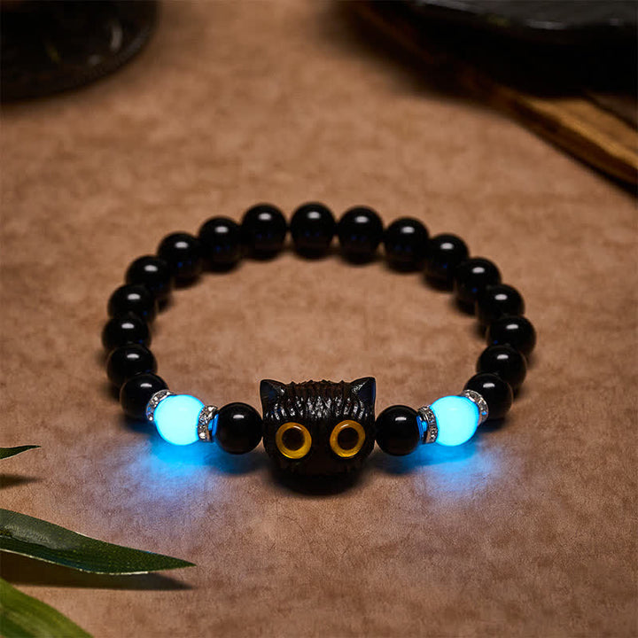 Buddha Stones Black Obsidian White Chalcedony Big-Eye Cat Head Purity Bead Bracelet - Black Obsidian (Wrist Circumference: 15–16 cm) - 8mm - image 15