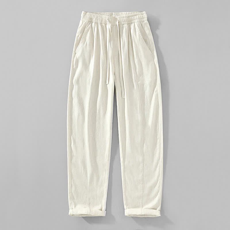 Buddha Stones Spring Summer Casual Minimalist Drawstring Solid Ankle Pants Men's Tapered Pants With Pockets - Linen - US/UK/AU44，EU54 (4XL) - image 10