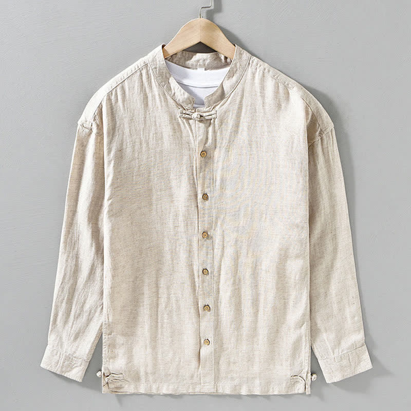 Buddha Stones Fall Casual Tang Style Mandarin Collar Solid Men's Long Sleeve Shirts - image 9