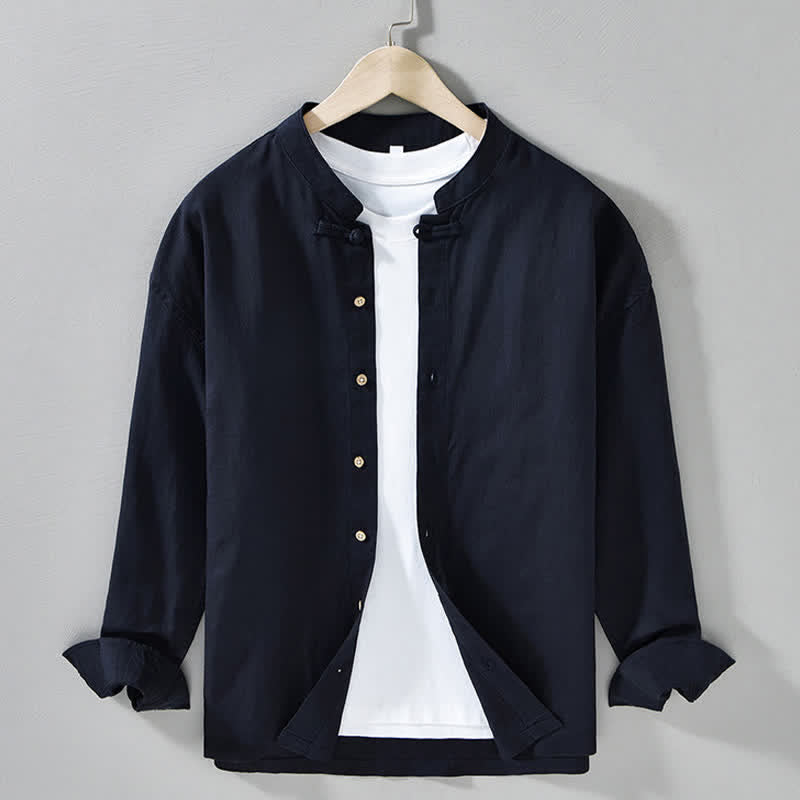Buddha Stones Fall Casual Tang Style Mandarin Collar Solid Men's Long Sleeve Shirts - MidnightBlue - US/UK/AU42，EU52 (3XL) - image 5