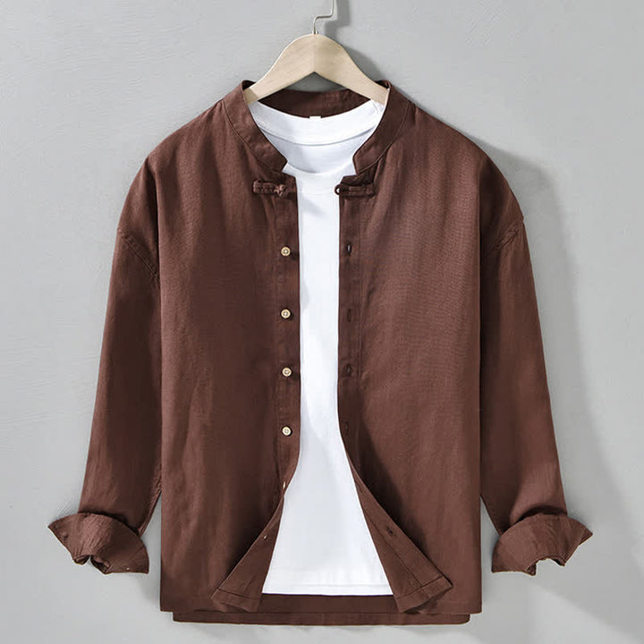 Buddha Stones Fall Casual Tang Style Mandarin Collar Solid Men's Long Sleeve Shirts - SaddleBrown - US/UK/AU42，EU52 (3XL) - image 0