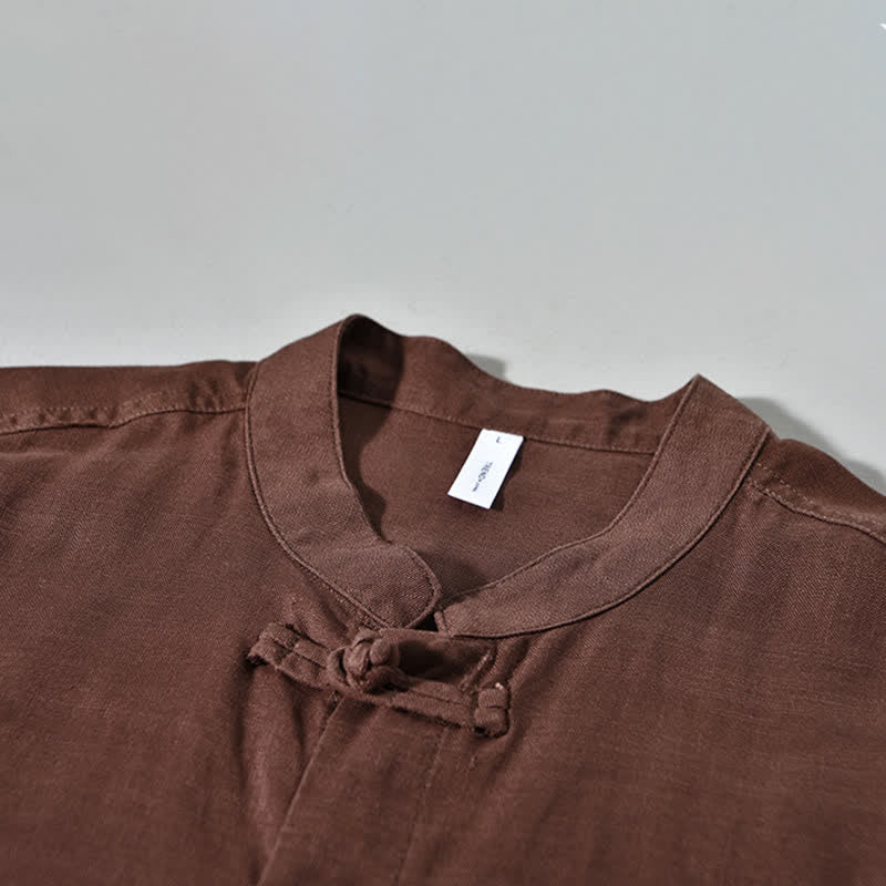 Buddha Stones Fall Casual Tang Style Mandarin Collar Solid Men's Long Sleeve Shirts - image 2