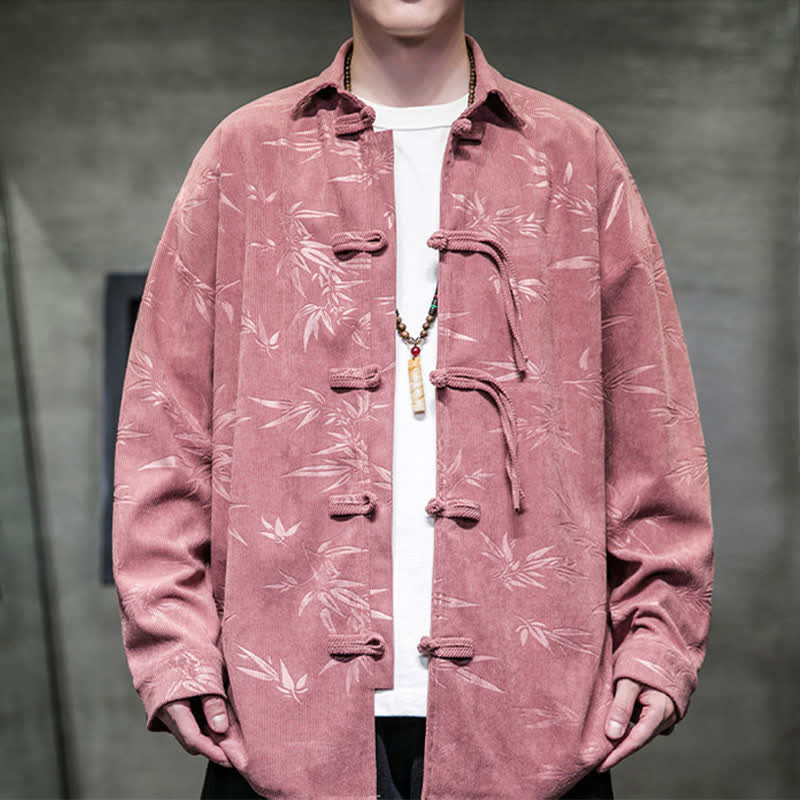 Buddha Stones Fall Winter Tang Style Frog Button Bamboo Print Corduroy Men's Long Sleeve Shirts - RosyBrown - US/UK/AU46，EU56 (5XL) - image 9