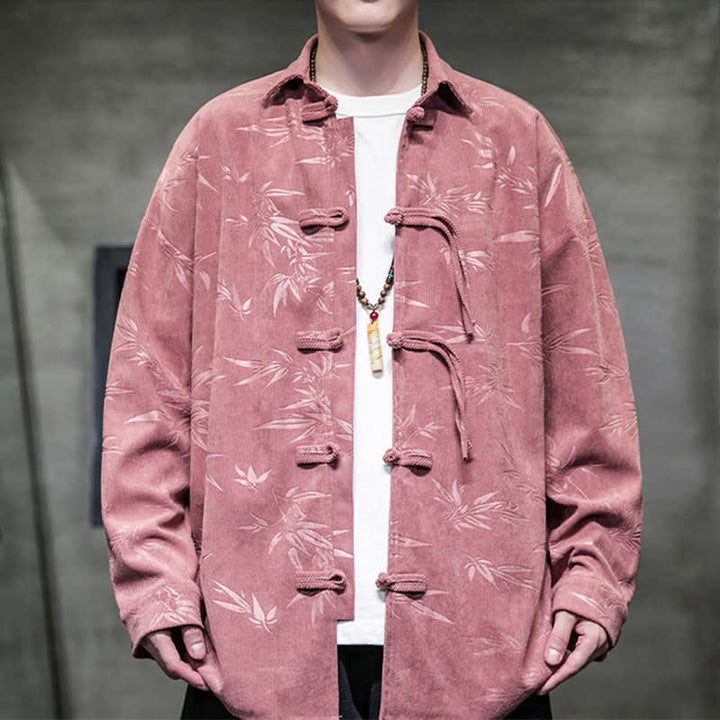 Buddha Stones Fall Winter Tang Style Frog Button Bamboo Print Corduroy Men's Long Sleeve Shirts - RosyBrown - US/UK/AU46，EU56 (5XL) - image 9