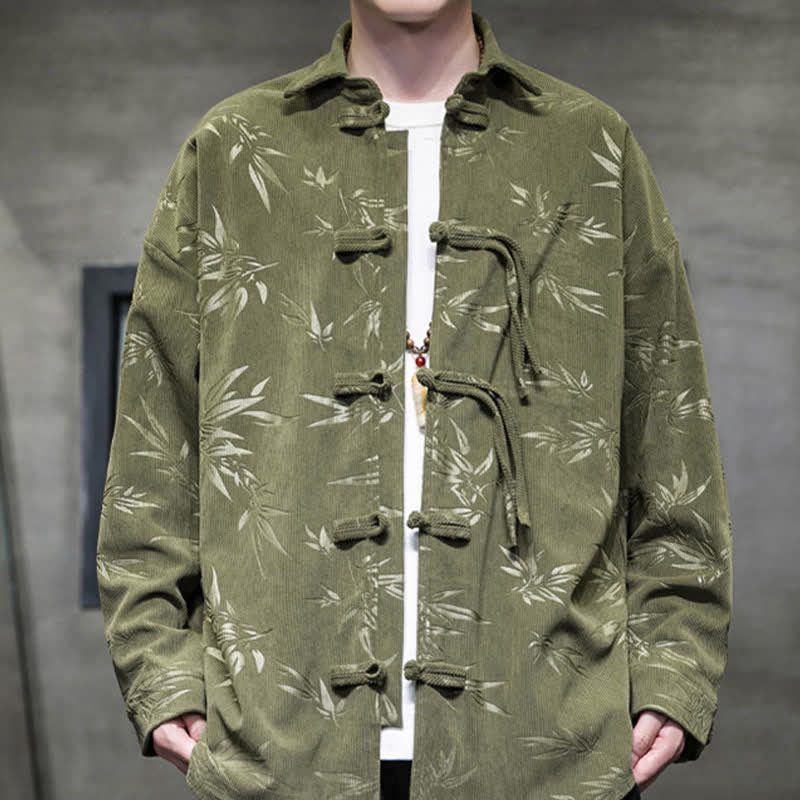 Buddha Stones Fall Winter Tang Style Frog Button Bamboo Print Corduroy Men's Long Sleeve Shirts - image 6