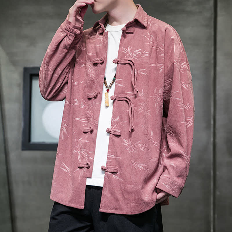 Buddha Stones Fall Winter Tang Style Frog Button Bamboo Print Corduroy Men's Long Sleeve Shirts - image 16