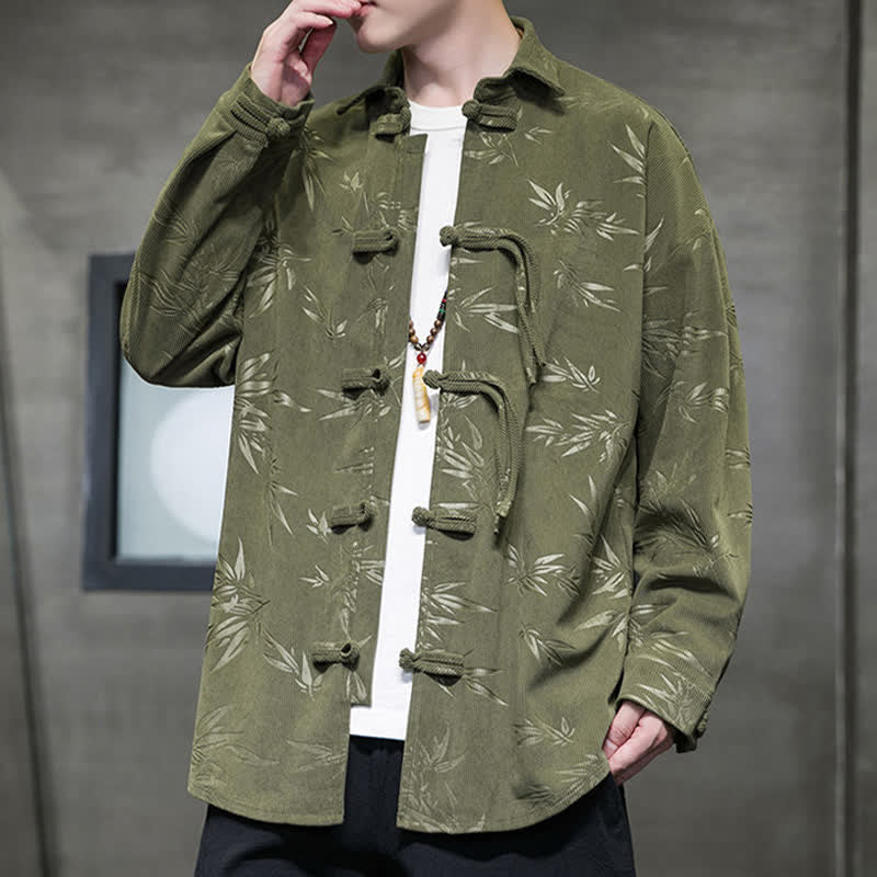 Buddha Stones Fall Winter Tang Style Frog Button Bamboo Print Corduroy Men's Long Sleeve Shirts - image 2