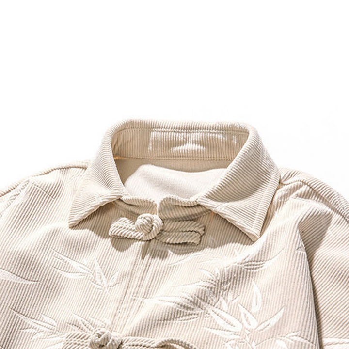 Buddha Stones Fall Winter Tang Style Frog Button Bamboo Print Corduroy Men's Long Sleeve Shirts - image 43