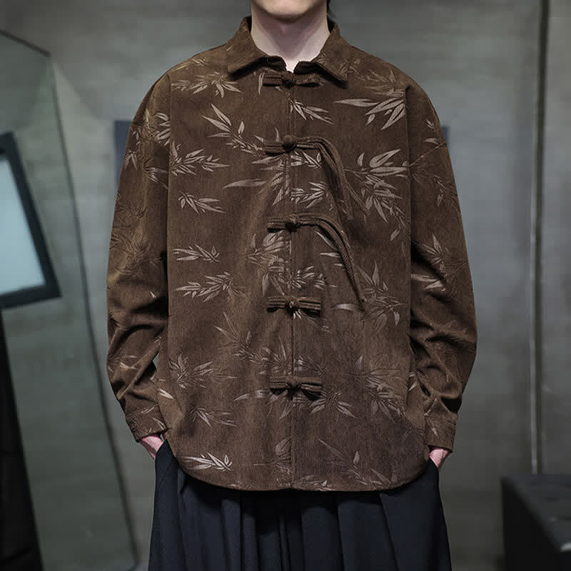 Buddha Stones Fall Winter Tang Style Frog Button Bamboo Print Corduroy Men's Long Sleeve Shirts - SaddleBrown - US/UK/AU46，EU56 (5XL) - image 25