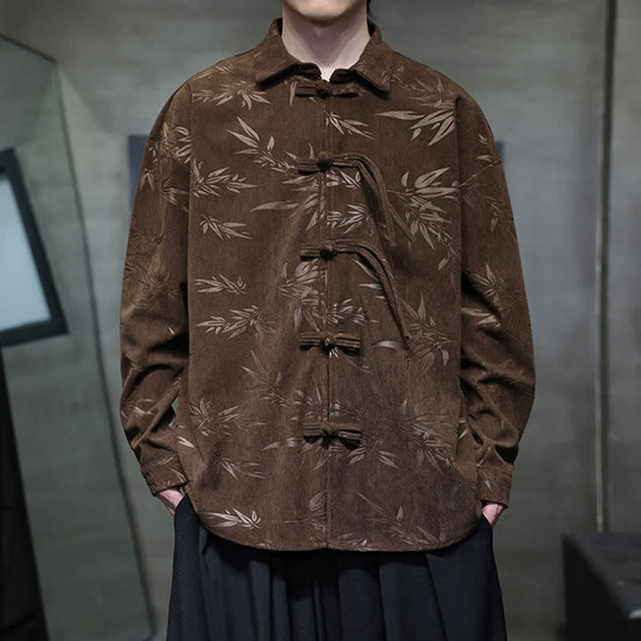 Buddha Stones Fall Winter Tang Style Frog Button Bamboo Print Corduroy Men's Long Sleeve Shirts - SaddleBrown - US/UK/AU46，EU56 (5XL) - image 25