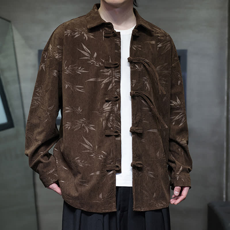 Buddha Stones Fall Winter Tang Style Frog Button Bamboo Print Corduroy Men's Long Sleeve Shirts - image 30