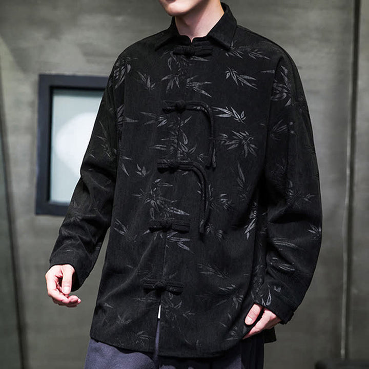 Buddha Stones Fall Winter Tang Style Frog Button Bamboo Print Corduroy Men's Long Sleeve Shirts - image 19