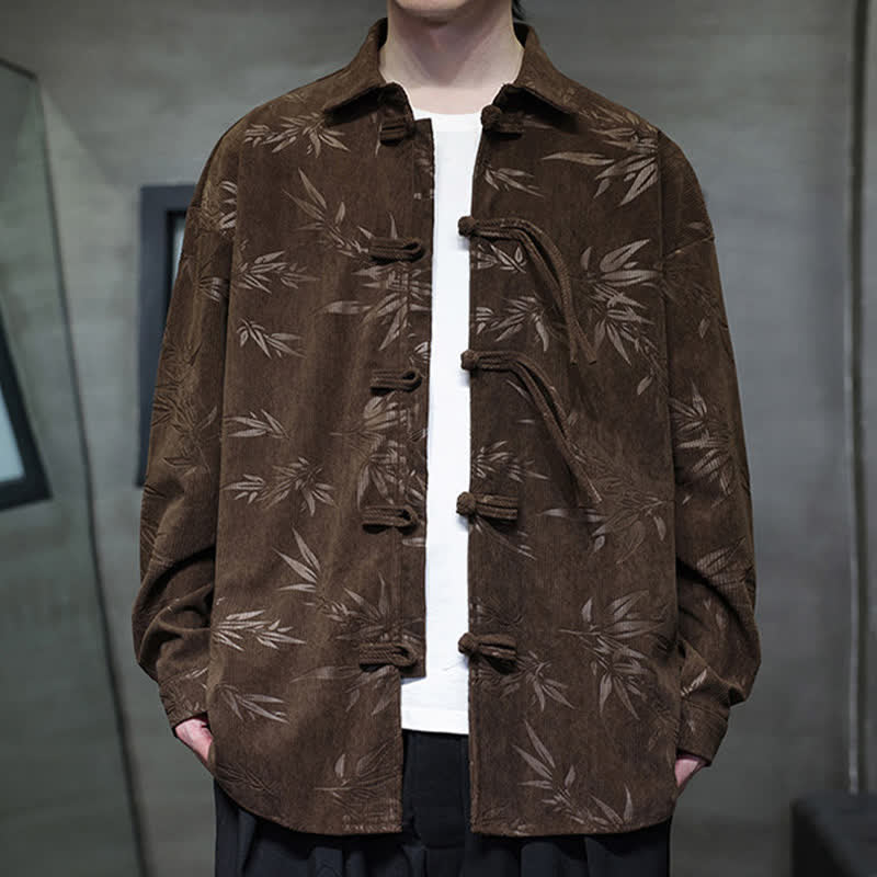 Buddha Stones Fall Winter Tang Style Frog Button Bamboo Print Corduroy Men's Long Sleeve Shirts - image 32