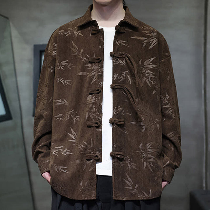 Buddha Stones Fall Winter Tang Style Frog Button Bamboo Print Corduroy Men's Long Sleeve Shirts - image 32