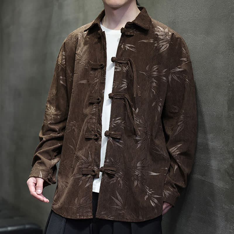 Buddha Stones Fall Winter Tang Style Frog Button Bamboo Print Corduroy Men's Long Sleeve Shirts - image 29
