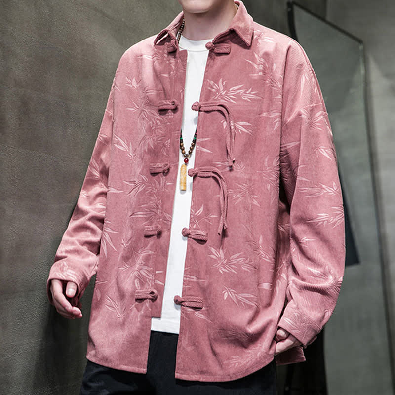 Buddha Stones Fall Winter Tang Style Frog Button Bamboo Print Corduroy Men's Long Sleeve Shirts - image 12