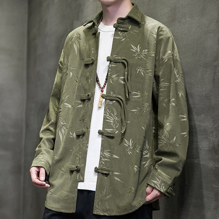 Buddha Stones Fall Winter Tang Style Frog Button Bamboo Print Corduroy Men's Long Sleeve Shirts - OliveDrab - US/UK/AU46，EU56 (5XL) - image 0