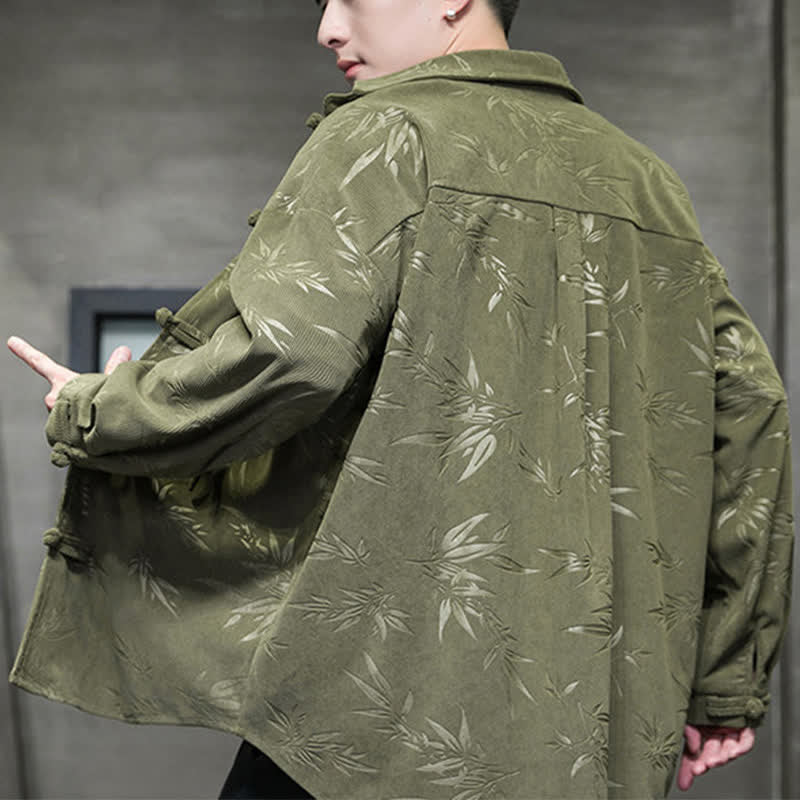 Buddha Stones Fall Winter Tang Style Frog Button Bamboo Print Corduroy Men's Long Sleeve Shirts - image 3