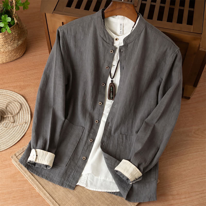 Buddha Stones Fall Casual Tang Style Mandarin Collar Solid Linen Men's Long Sleeve Shirts With Pockets - DimGray - US/UK/AU44，EU54 (4XL) - image 11