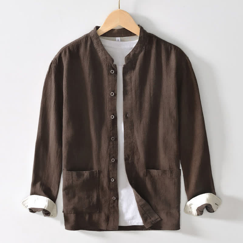 Buddha Stones Fall Casual Tang Style Mandarin Collar Solid Linen Men's Long Sleeve Shirts With Pockets - image 1