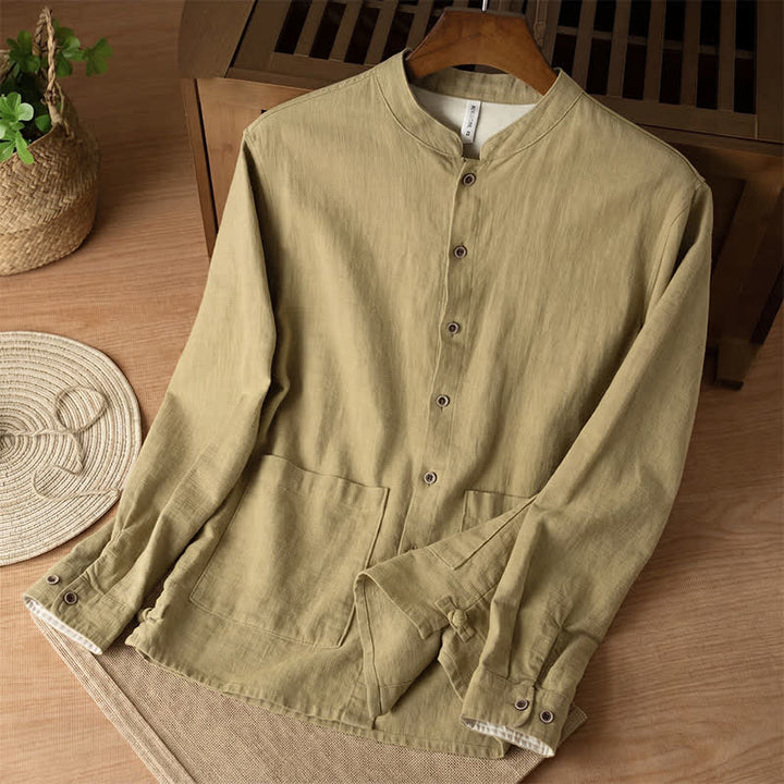 Buddha Stones Fall Casual Tang Style Mandarin Collar Solid Linen Men's Long Sleeve Shirts With Pockets - DarkKhaki - US/UK/AU44，EU54 (4XL) - image 19