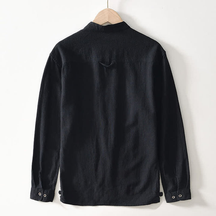 Buddha Stones Fall Casual Tang Style Mandarin Collar Solid Linen Men's Long Sleeve Shirts With Pockets - image 9