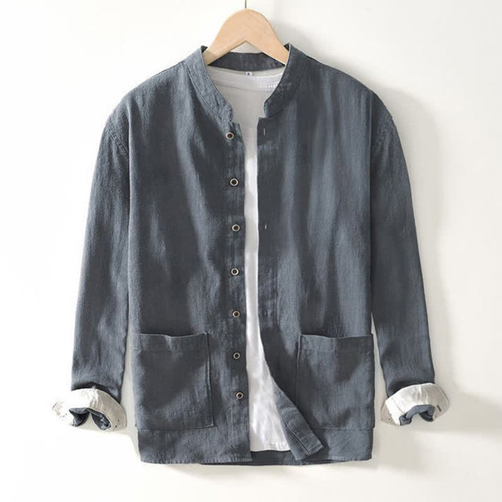 Buddha Stones Fall Casual Tang Style Mandarin Collar Solid Linen Men's Long Sleeve Shirts With Pockets - image 12