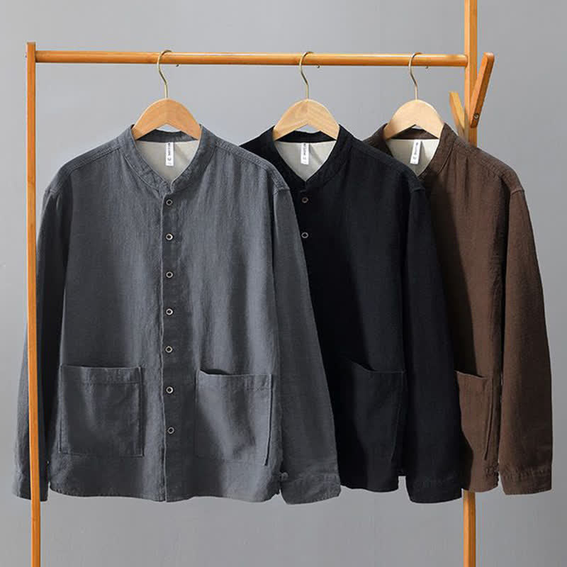 Buddha Stones Fall Casual Tang Style Mandarin Collar Solid Linen Men's Long Sleeve Shirts With Pockets - image 20