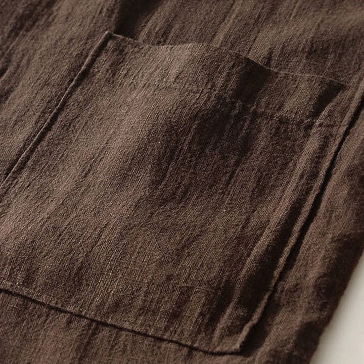 Buddha Stones Fall Casual Tang Style Mandarin Collar Solid Linen Men's Long Sleeve Shirts With Pockets - image 5
