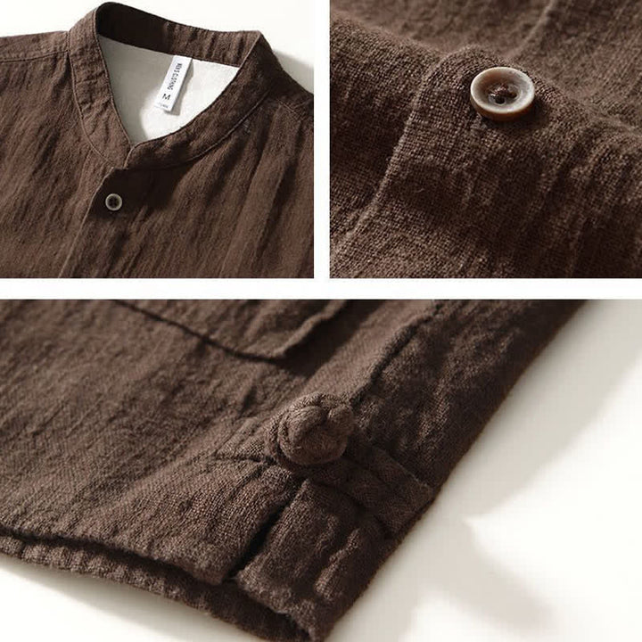 Buddha Stones Fall Casual Tang Style Mandarin Collar Solid Linen Men's Long Sleeve Shirts With Pockets - image 2