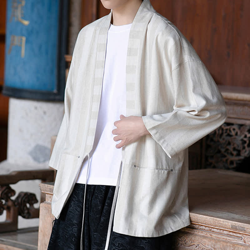Buddha Stones Spring Summer Casual Tang Style Drawstring Solid Cotton Linen Three-Quarter Sleeve Men's Kimono With Pocket - image 3