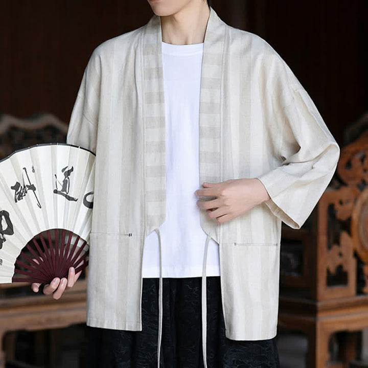 Buddha Stones Spring Summer Casual Tang Style Drawstring Solid Cotton Linen Three-Quarter Sleeve Men's Kimono With Pocket - image 2