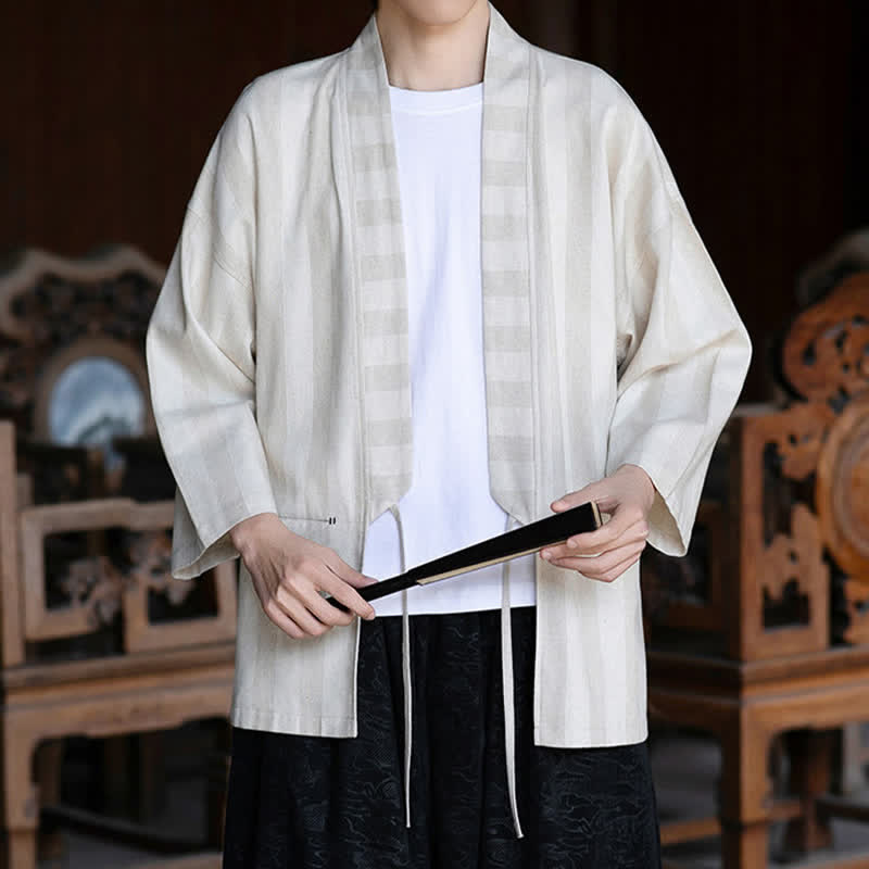 Buddha Stones Spring Summer Casual Tang Style Drawstring Solid Cotton Linen Three-Quarter Sleeve Men's Kimono With Pocket - image 1