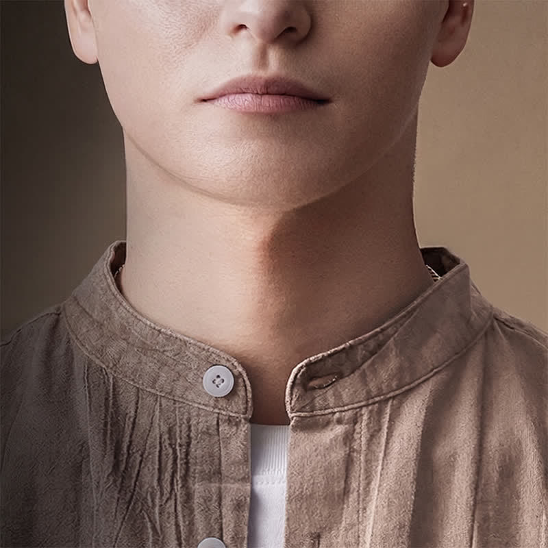 Buddha Stones Spring Summer Casual Mandarin Collar Solid Cotton Men's Long Sleeve Shirts With Patch Pocket - image 6