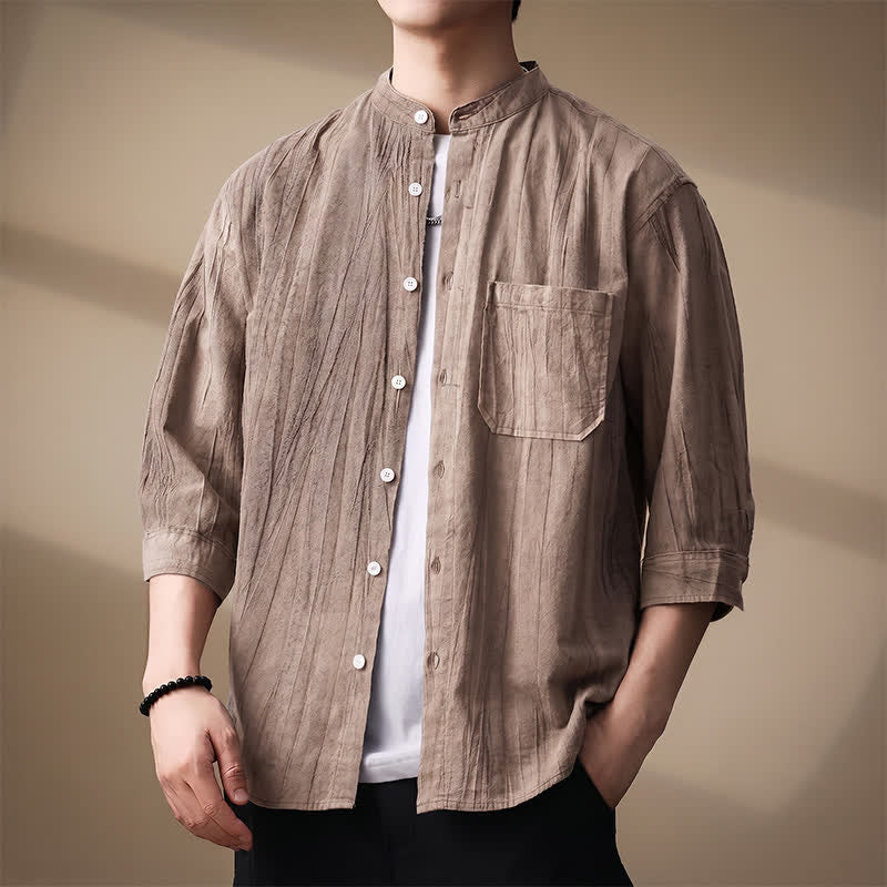 Buddha Stones Spring Summer Casual Mandarin Collar Solid Cotton Men's Long Sleeve Shirts With Patch Pocket - image 1