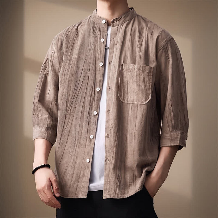 Buddha Stones Spring Summer Casual Mandarin Collar Solid Cotton Men's Long Sleeve Shirts With Patch Pocket - image 5