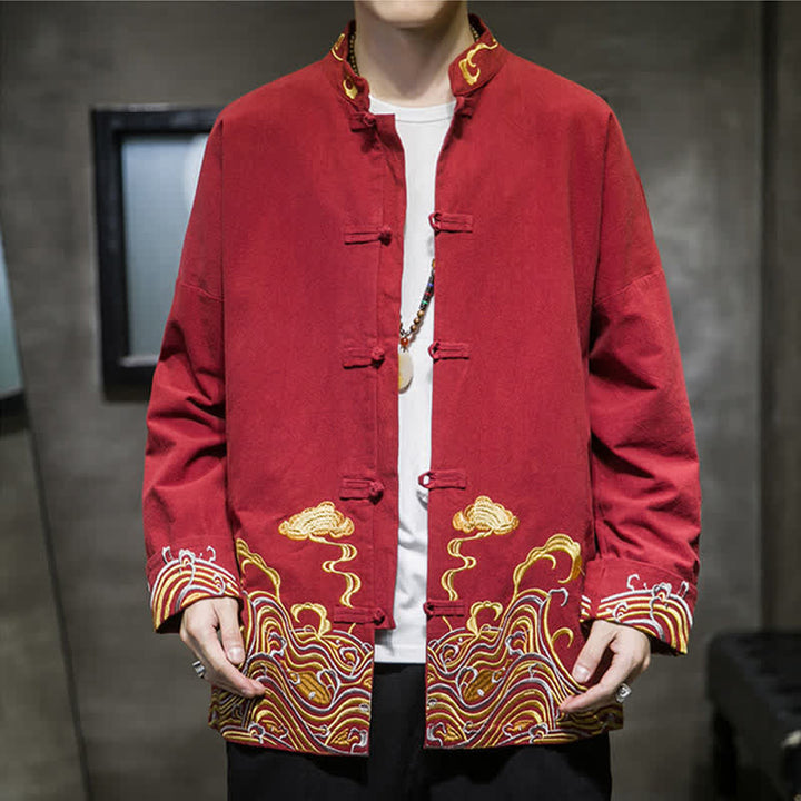 Buddha Stones Fall Winter Tang Style Vintage Frog Button Embroidery Clouds Pattern Cotton Men's Jacket - image 1