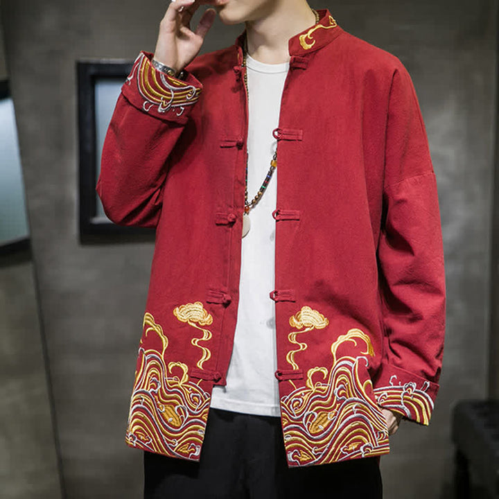 Buddha Stones Fall Winter Tang Style Vintage Frog Button Embroidery Clouds Pattern Cotton Men's Jacket - image 2