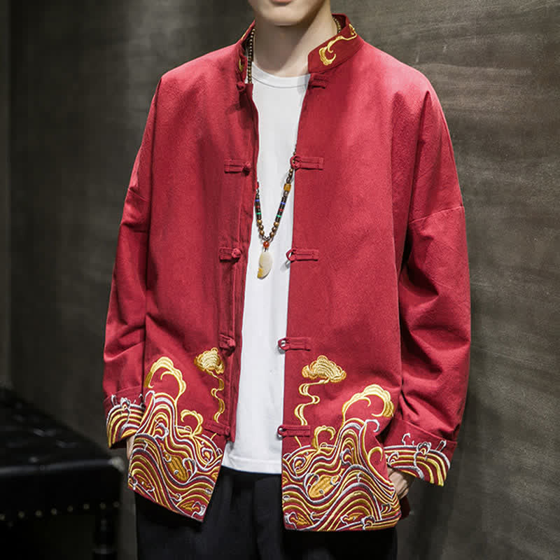 Buddha Stones Fall Winter Tang Style Vintage Frog Button Embroidery Clouds Pattern Cotton Men's Jacket - image 8