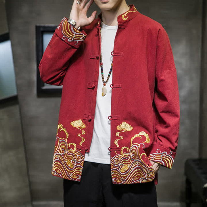 Buddha Stones Fall Winter Tang Style Vintage Frog Button Embroidery Clouds Pattern Cotton Men's Jacket - image 4