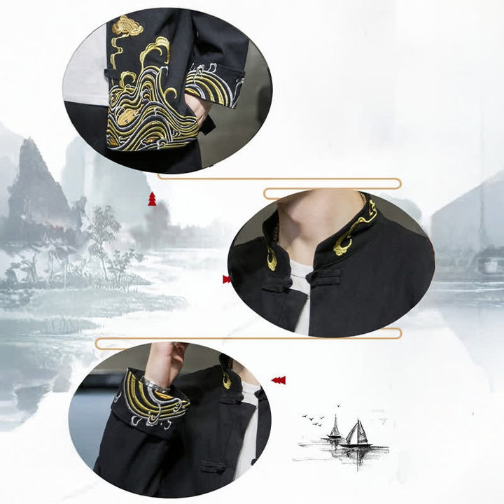 Buddha Stones Fall Winter Tang Style Vintage Frog Button Embroidery Clouds Pattern Cotton Men's Jacket - image 20